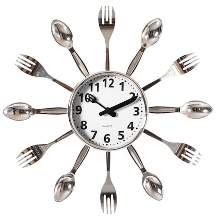 Decorative 3D Cutlery Utensil Spoon And Fork Wall Clock For Kitchen, Playroom Or Bedroom, Silver
